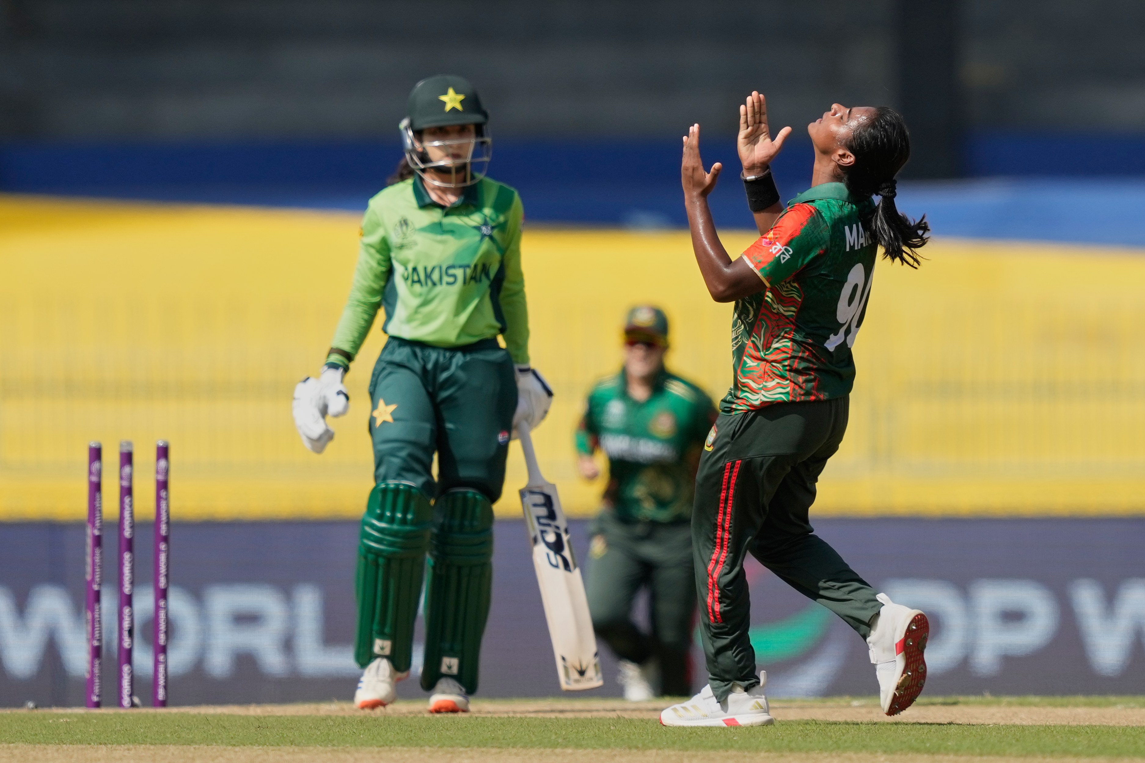Bangladesh's Marufa Akter celebrates the wicket of Pakistan's Omaima Sohail during the ICC Women's Cricket World Cup match between Bangladesh and Pakistan in Colombo, Sri Lanka, Thursday, Oct. 2, 2025. (AP)